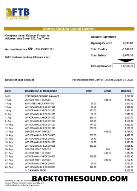 Pobierz Foreign Trade Bank of Cambodian Biznes Bank Wyciąg bankowy Word and PDF Format Próbka makieta
