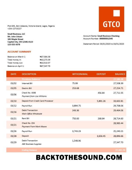 Pobierz GT Bank organizacja sprawdzanie Konto Wyciąg bankowy Word and PDF Próbka makieta