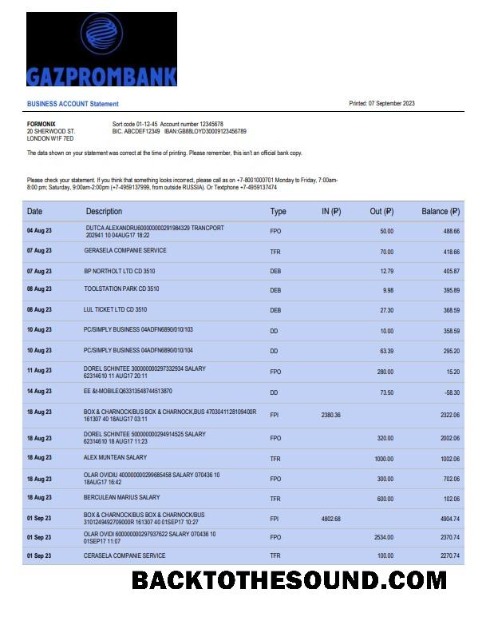Pobierz Gazprombank firma Konto Wyciąg bankowy Word and PDF Próbka makieta