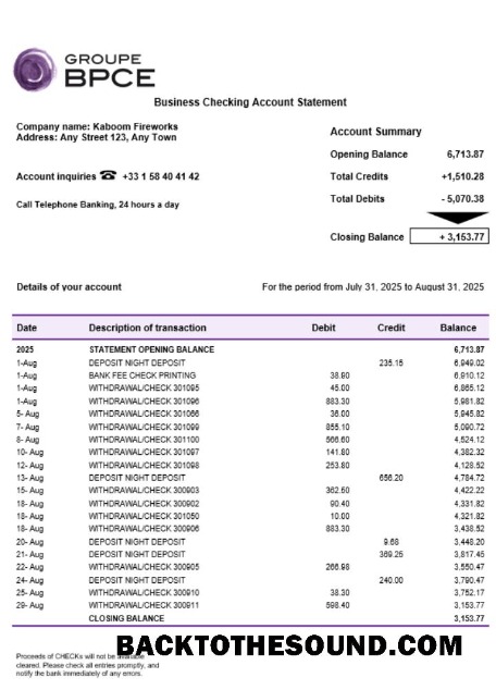 Pobierz Groupe BPCE Bank Konto Biznes Wyciąg bankowy Word and PDF Format Próbka podgląd