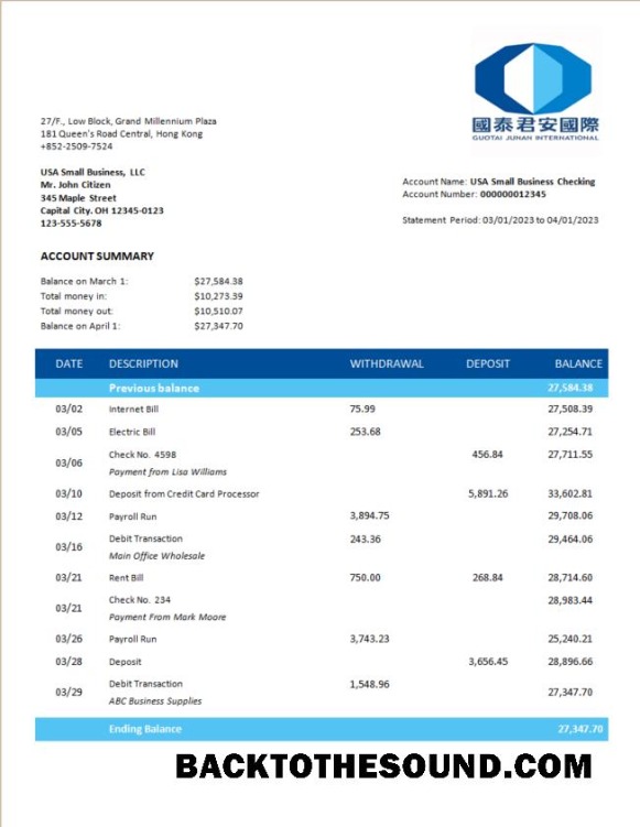 Pobierz Guotai Junan Securities Bank corporate sprawdzanie Konto Wyciąg bankowy Word and PDF Próbka makieta
