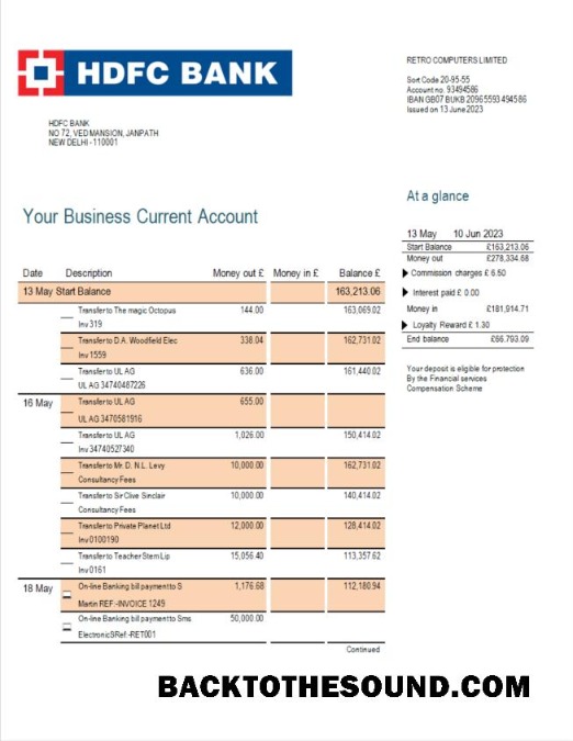 Pobierz HDFC Bank firma Konto Wyciąg bankowy Word and PDF Próbka projekt