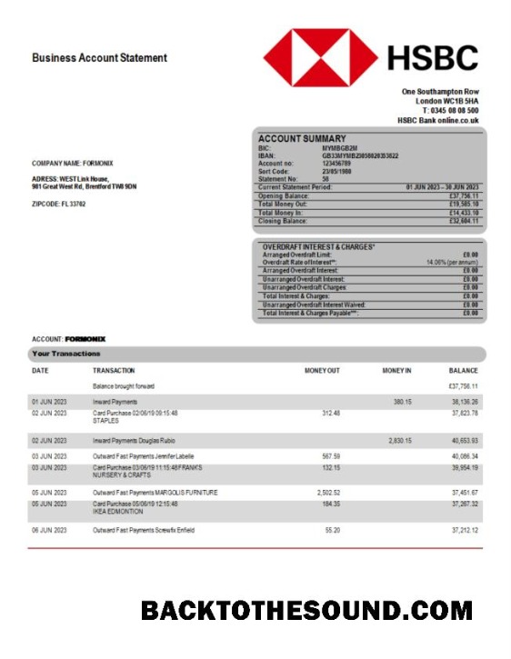 Pobierz HSBC Bank Firma Wyciąg bankowy Word and PDF Próbka podgląd