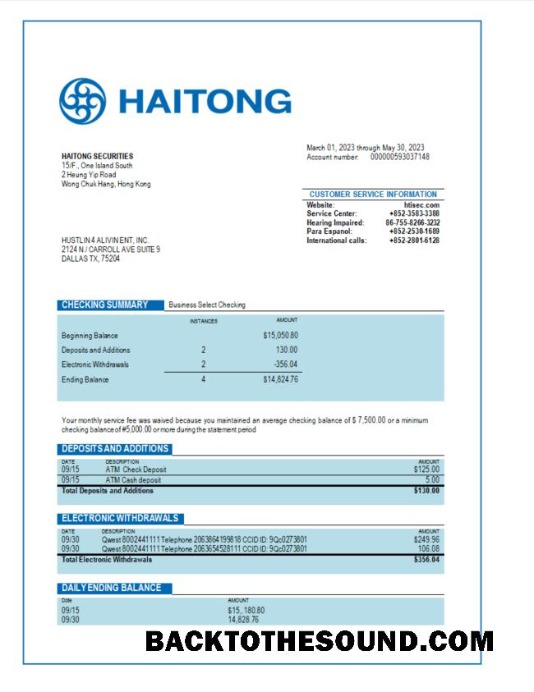 Pobierz Haitong Securities Biznes Bank Wyciąg bankowy Word and PDF Próbka makieta