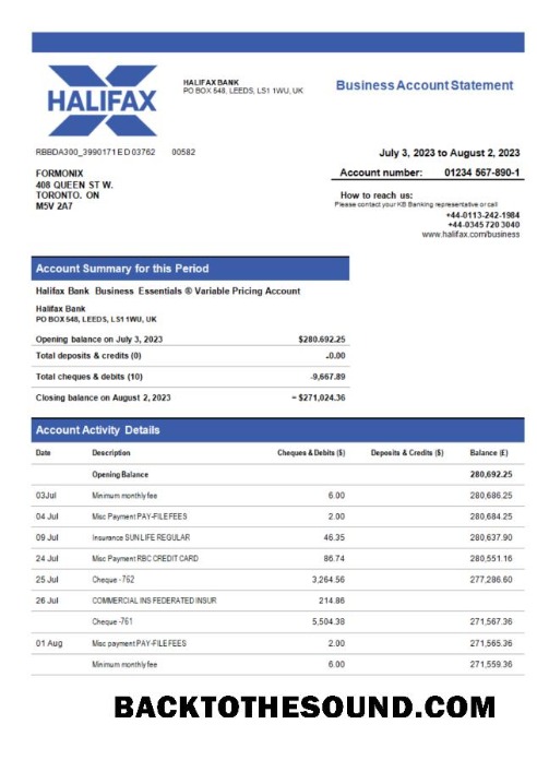 Pobierz Halifax Bank organizacja Wyciąg bankowy Word and PDF Próbka próbka