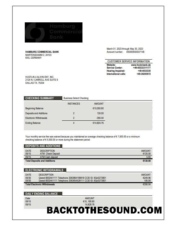 Pobierz Hamburg komercyjny Bank enterprise Konto Wyciąg bankowy Word and PDF Próbka szablon
