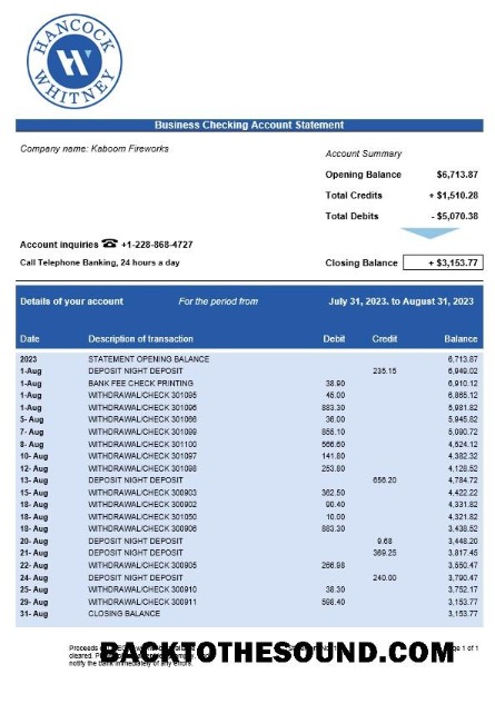 Pobierz Hancock Whitney Bank Biznes sprawdzanie Konto Wyciąg bankowy Word and PDF Próbka podgląd