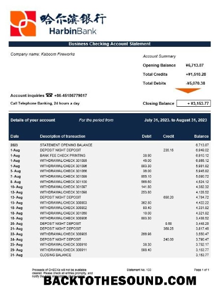 Pobierz Harbin Bank enterprise Wyciąg bankowy Word and PDF Próbka szablon