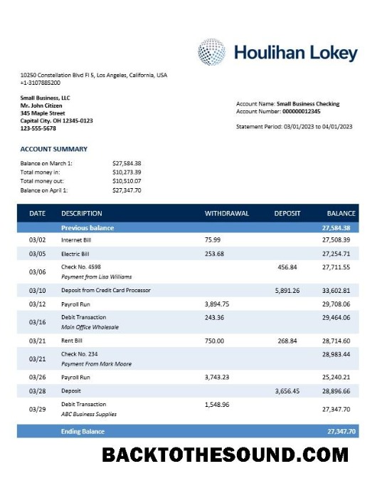Pobierz Houlihan Lokey Inc Bank Firma sprawdzanie Konto Wyciąg bankowy Word and PDF Próbka makieta