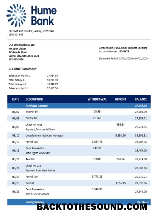 Pobierz Humebank enterprise Konto Wyciąg bankowy Word and PDF Format Próbka podgląd