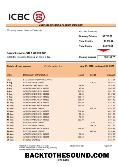 Pobierz ICBC Bank Biznes sprawdzanie Konto Wyciąg bankowy Word and PDF Próbka podgląd
