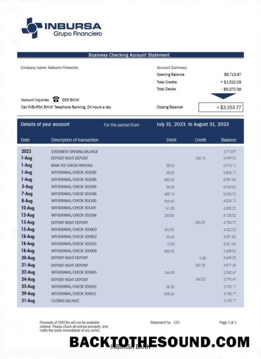 Pobierz INBURSA Bank Bank Wyciąg bankowy Próbka podgląd