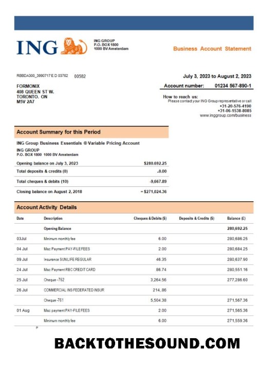 Pobierz ING Groep Bank Firma Konto Wyciąg bankowy Word and PDF Próbka podgląd