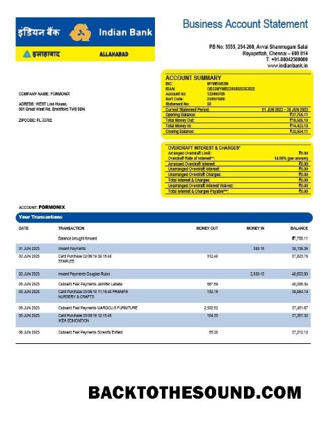 Pobierz Indian Bank organizacja sprawdzanie Konto Wyciąg bankowy Word and PDF Próbka próbka