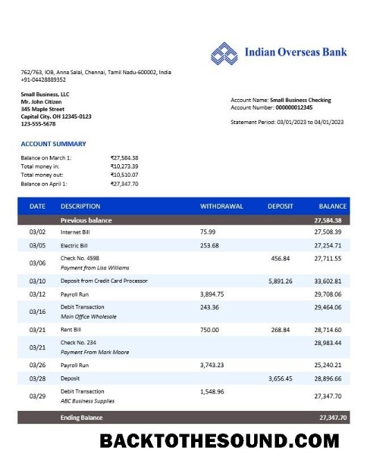 Pobierz Indian Overseas Bank organizacja Konto Wyciąg bankowy Word and PDF Próbka projekt