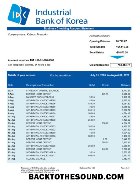 Pobierz Industrial Bank of Korea Biznes Wyciąg bankowy Word and PDF Próbka próbka