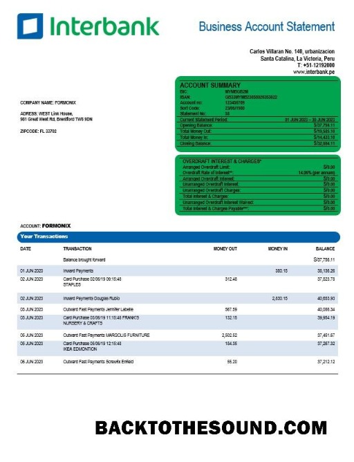 Pobierz Interbank organizacja Konto Wyciąg bankowy Word and PDF Próbka podgląd