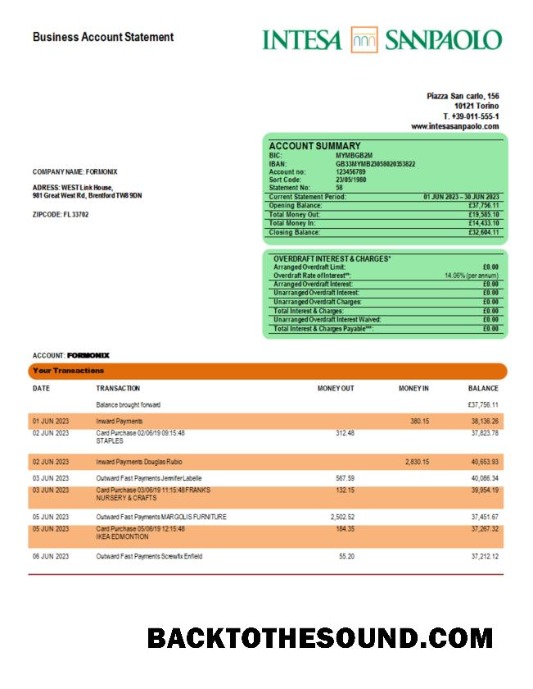 Pobierz Intesa Sanpaolo Bank enterprise Konto Wyciąg bankowy Word and PDF Próbka próbka