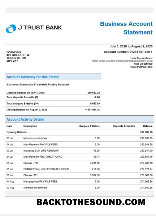 Pobierz J Trust Royal Biznes Bank Firma Wyciąg bankowy Word and PDF Format Próbka podgląd