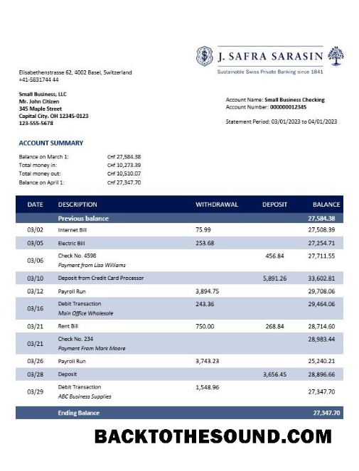 Pobierz J. Safra Sarasin Bank Biznes Wyciąg bankowy Word and PDF Próbka podgląd