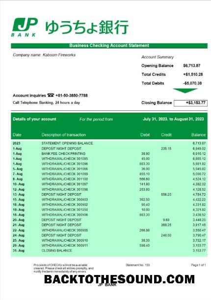 Pobierz JP Bank (Japonia Post Bank) organizacja Wyciąg bankowy Word and PDF Próbka szablon