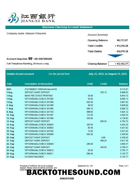 Pobierz Jiangxi Bank Biznes sprawdzanie Konto Wyciąg bankowy Word and PDF Próbka szablon