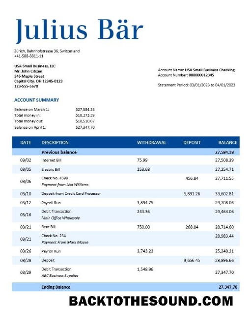 Pobierz Julius Baer Bank Firma Wyciąg bankowy Word and PDF Próbka próbka
