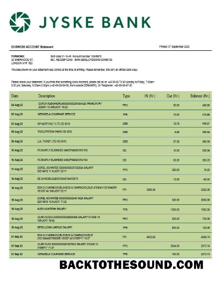 Pobierz Jyske Bank Biznes Wyciąg bankowy Word and PDF Próbka szablon