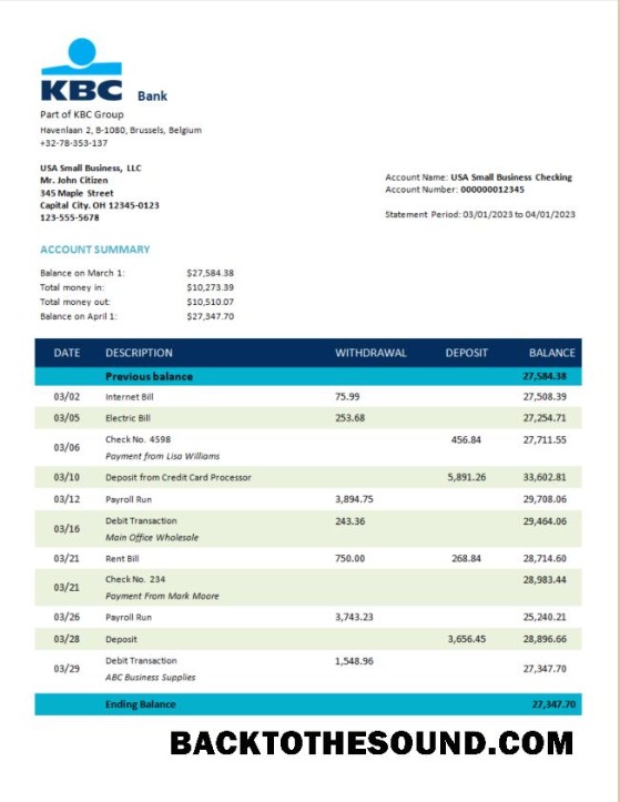 Pobierz KBC Bank corporate Konto Wyciąg bankowy Word and PDF Próbka szablon