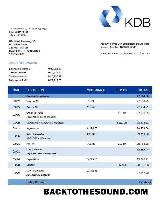 Pobierz KDB Group Bank firma Konto Wyciąg bankowy Word and PDF Próbka podgląd