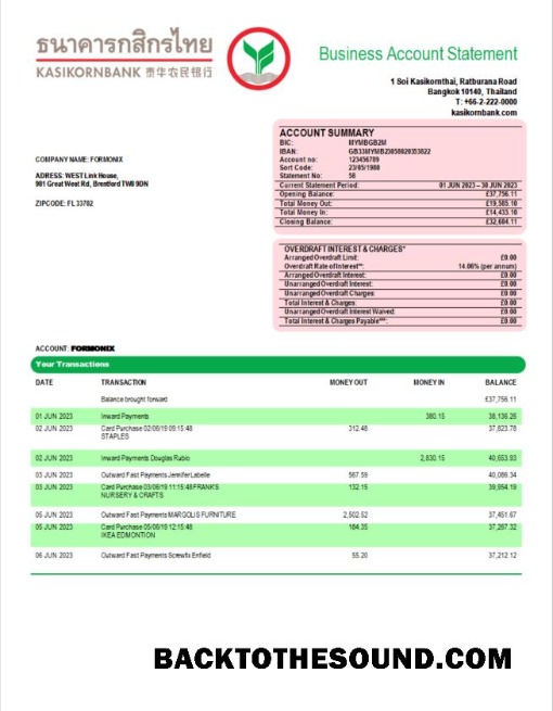 Pobierz Kasikornbank enterprise Wyciąg bankowy Word and PDF Próbka podgląd