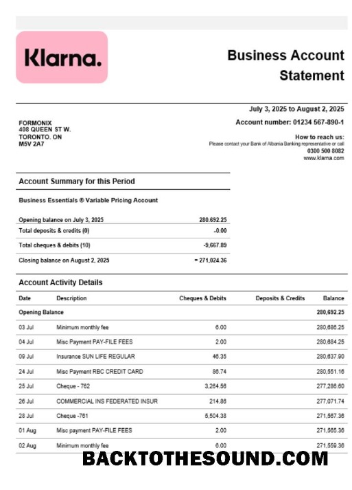 Pobierz Klarna Bank firma Konto Wyciąg bankowy Word and PDF Próbka projekt