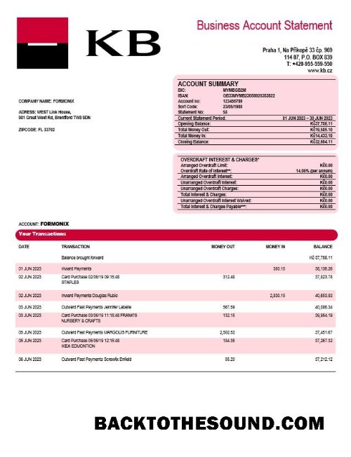 Pobierz Komercní banka corporate sprawdzanie Konto Wyciąg bankowy Word and PDF Próbka projekt