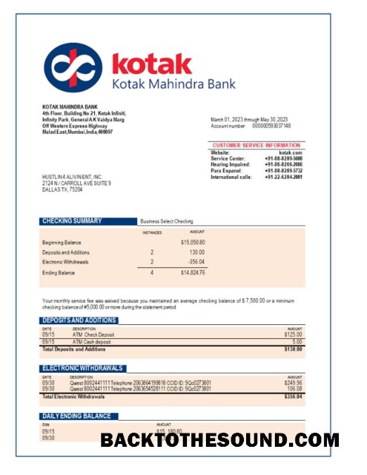 Pobierz Kotak Mahindra Bank enterprise Wyciąg bankowy Word and PDF Próbka makieta