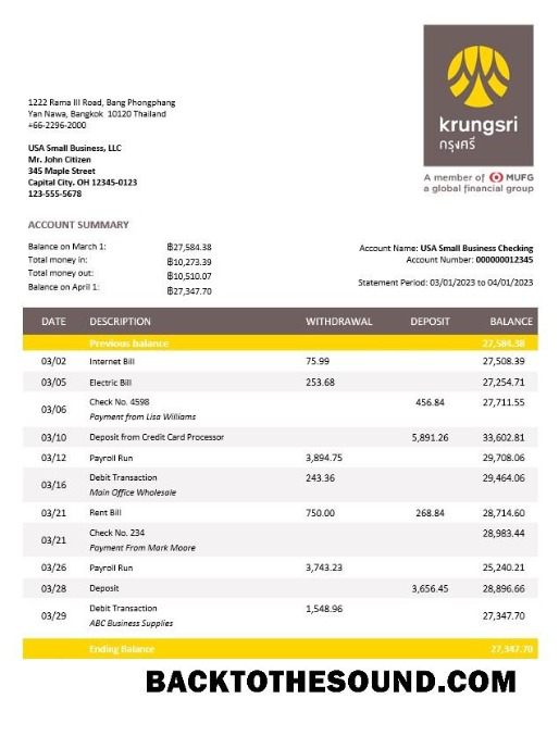 Pobierz Krungsri Bank of Ayudha Biznes Wyciąg bankowy Word and PDF Próbka próbka