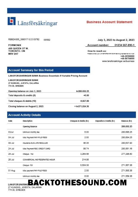 Pobierz Lansforsakrigar Bank Firma sprawdzanie Konto Wyciąg bankowy Word and PDF Próbka podgląd