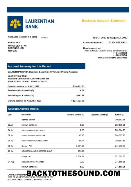 Pobierz Laurentian Bank enterprise Konto Wyciąg bankowy Word and PDF Próbka próbka