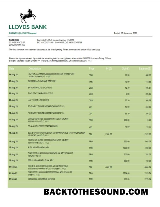 Pobierz Lloyds Bank Biznes Konto Wyciąg bankowy Word and PDF Próbka próbka