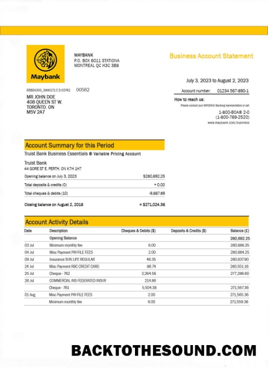 Pobierz MAYBANK Bank Wyciąg bankowy Próbka makieta