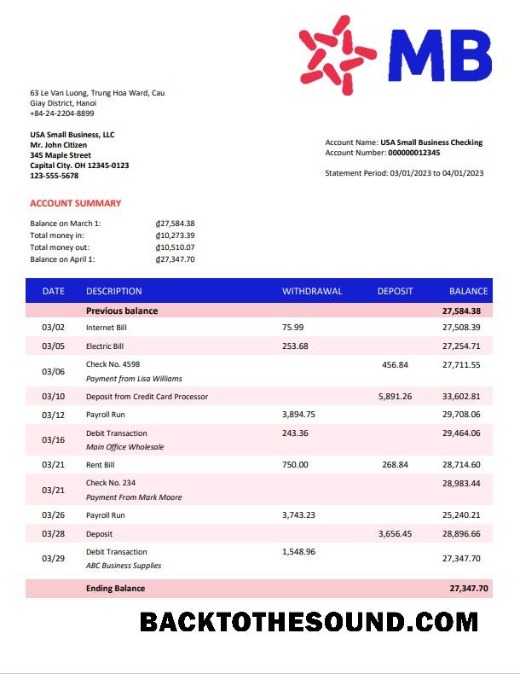 Pobierz MB Bank Firma Wyciąg bankowy Word and PDF Próbka szablon