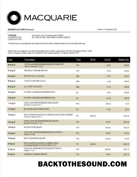 Pobierz Macquarie Bank enterprise Wyciąg bankowy Word and PDF Próbka podgląd