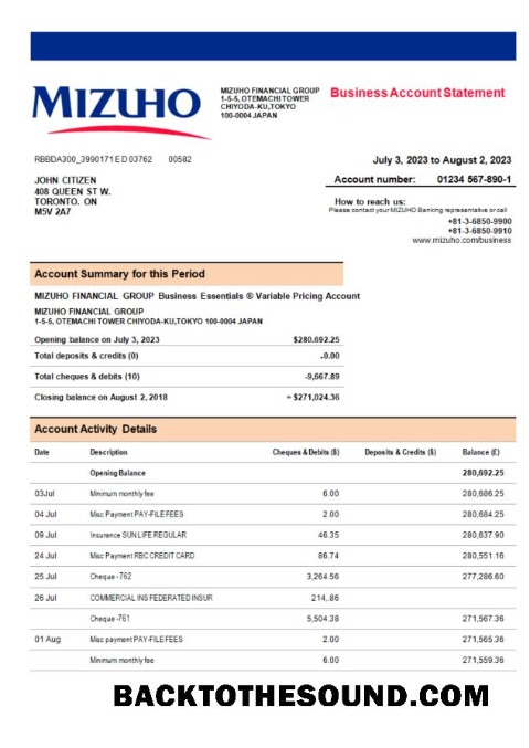 Pobierz Mizuho Financial Group Bank Firma Konto Wyciąg bankowy Word and PDF Próbka projekt