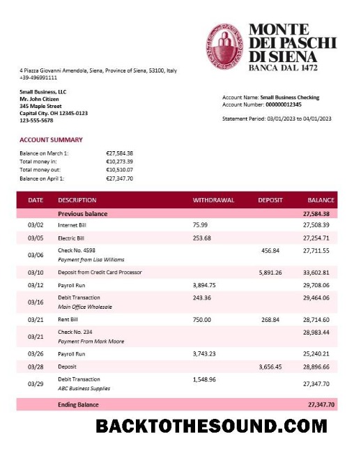 Pobierz Monte dei Paschi di Siena firma Konto Wyciąg bankowy Word and PDF Próbka próbka