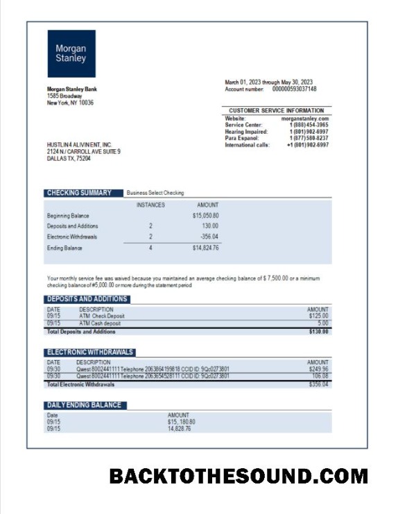 Pobierz Morgan Stanley Bank organizacja Konto Wyciąg bankowy Word and PDF Próbka szablon