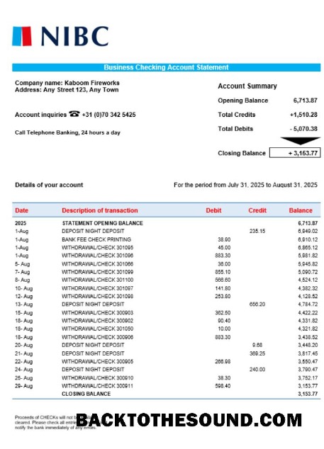Pobierz NIBC Bank Biznes organizacja sprawdzanie Wyciąg bankowy Word and PDF Format Próbka podgląd
