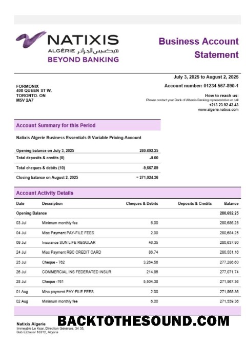 Pobierz Natixis Algerie Biznes Bank Wyciąg bankowy Word and PDF Format Próbka makieta