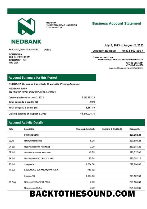 Pobierz Nedbank firma Wyciąg bankowy Word and PDF Próbka podgląd