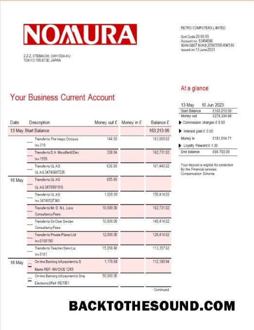 Pobierz Nomura Bank Biznes Wyciąg bankowy Word and PDF Próbka podgląd