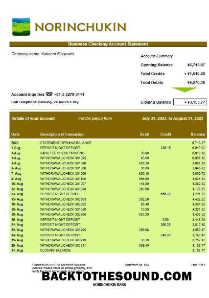 Pobierz Norinchukin Bank enterprise Wyciąg bankowy Word and PDF Próbka szablon
