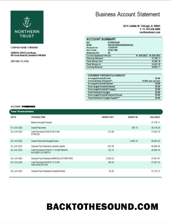 Pobierz Northern Trust Bank firma Wyciąg bankowy Word and PDF Próbka próbka